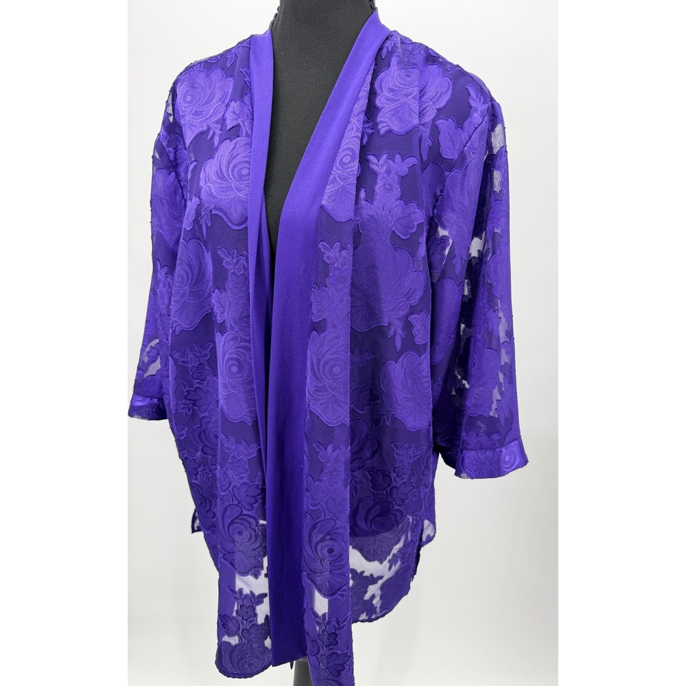 BonWorth Cardigan Women XLP Purple Excellent Vintage Floral Burnout Open Front